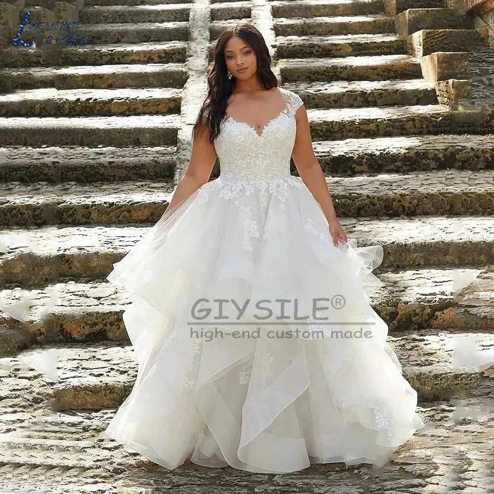 GIYSILE Abiti da sposa taglie forti personalizzati per donna grande maniche ad aletta scollo a V applique in pizzo abito da sposa a-line Vestido De Noiva