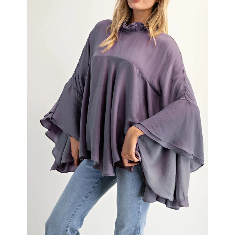 

Женские свободные топы: модные однотонные блузки с длинным рукавом, круглым вырезом, асимметричными оборками и многослойным дизайном для повседневной носки