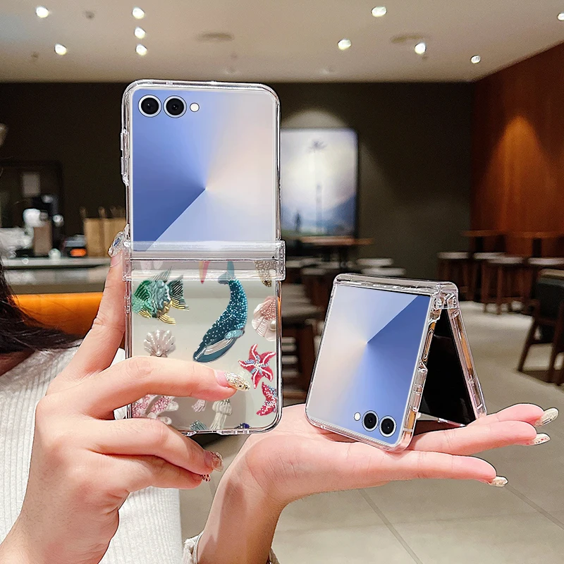 Whale Dolphin Pattern Clear Phone Case For Samsung Galaxy Z Flip 7 6 5 4 3 Folding PC Cover For Samsung Z Flip7 FE Flip6 Flip5