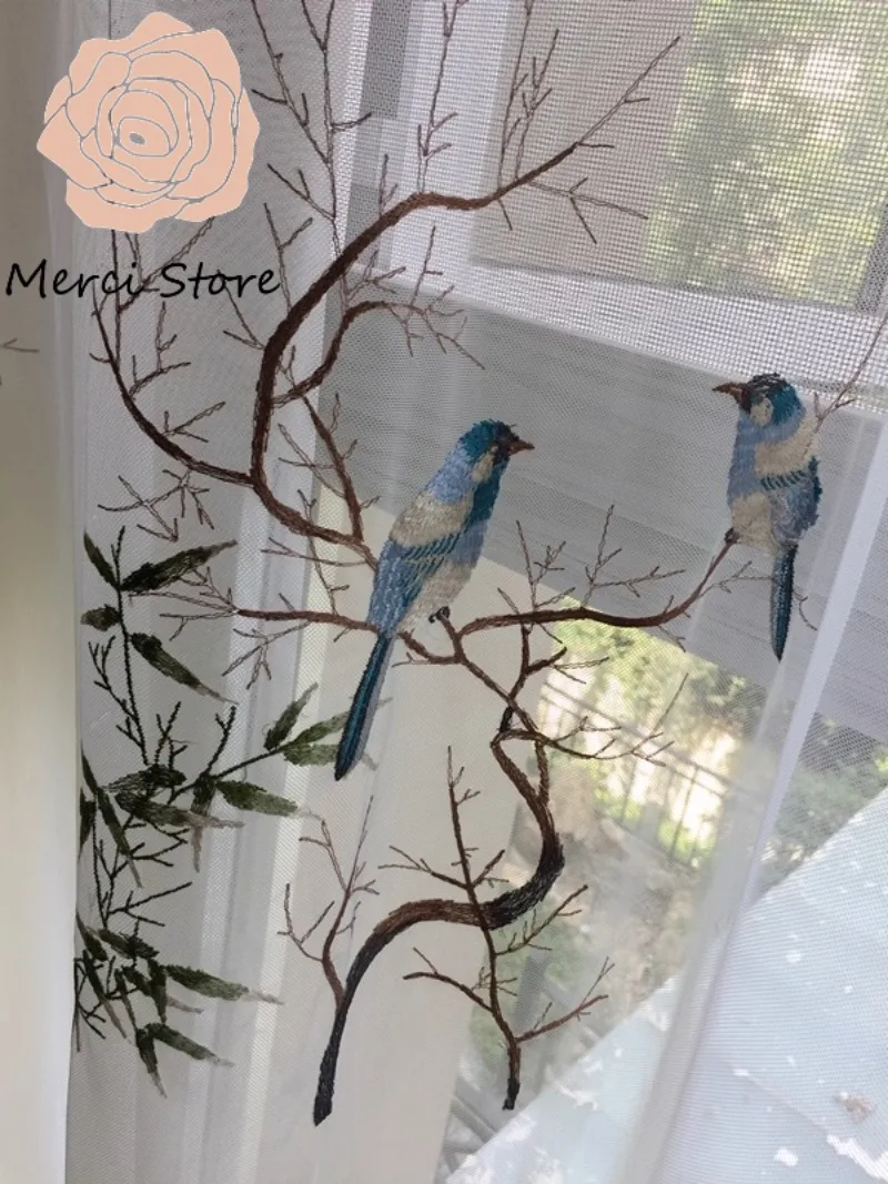 

Custom New Chinese Embroidered Bird Leaf Curtains for Living Room Bedroom Floor To Ceiling Window Blackout Thermal Insulated