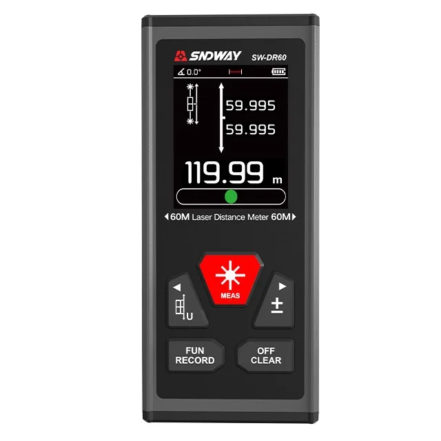 

Двойной лазерный измеритель SNDWAY SW-DR60/100 с 2 встроенными пузырьковыми уровнями для быстрого измерения