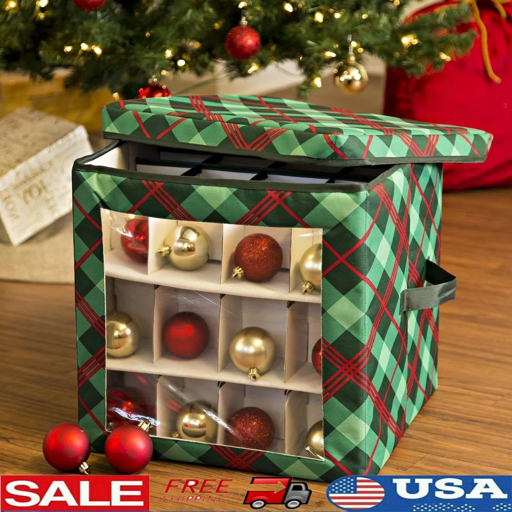 

48 Ornament Storage Box with Moveable Dividers Clear View Panel Heavy Duty Polyester Portable Christmas Decoration Organizer