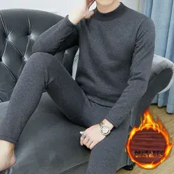 Thick Warm Men's Casual Solid Autumn Winter Sets Inner Wear Middle-aged Men  Keep Warm Fleece High Neck Sleepwear Underwear Set