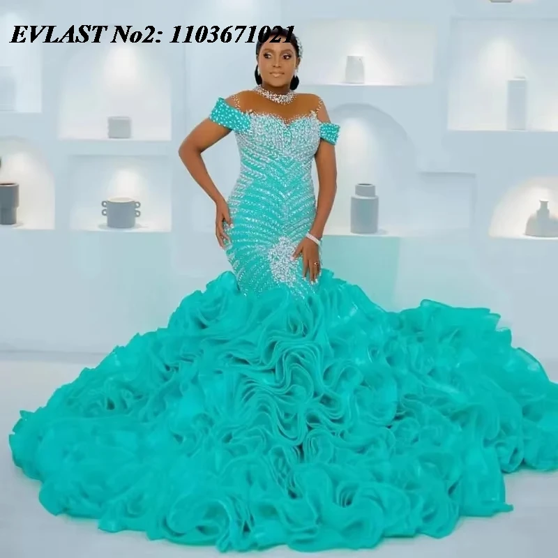 

Индивидуальное вечернее платье EVLAST Aso Ebi Aque Blue Mermaid Prom Gown из органзы с бисером и оборками, многослойное, SP70
