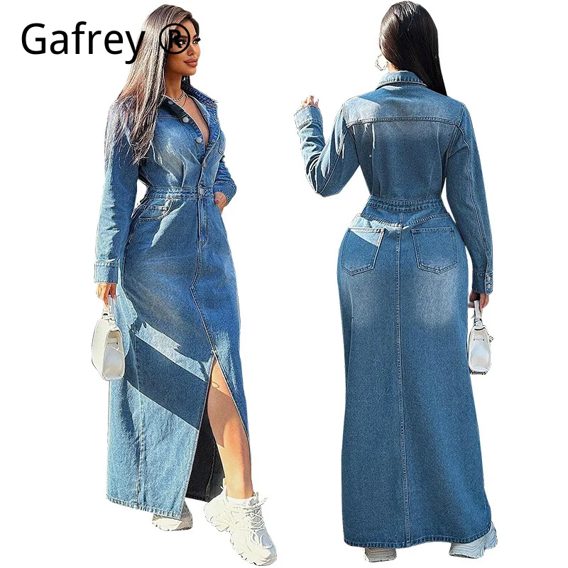 

S M L XL Women Fashion Turn-down Collar Long Sleeve Side Slit Maxi Dress Lapel Button Down Long Shirt Dress Elegant Office Wear