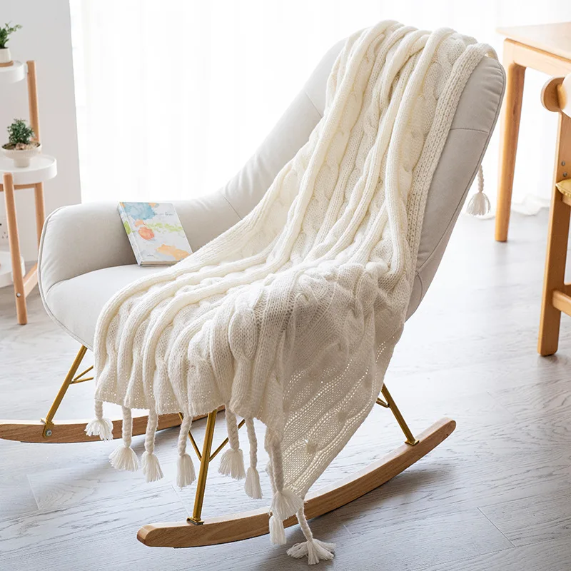 New Knitted Throw Blanket Solid Color Bed Sofa Couch Chunky Knit Bedspread Knitted Throw Blanket with Tassel Embossed Blanket