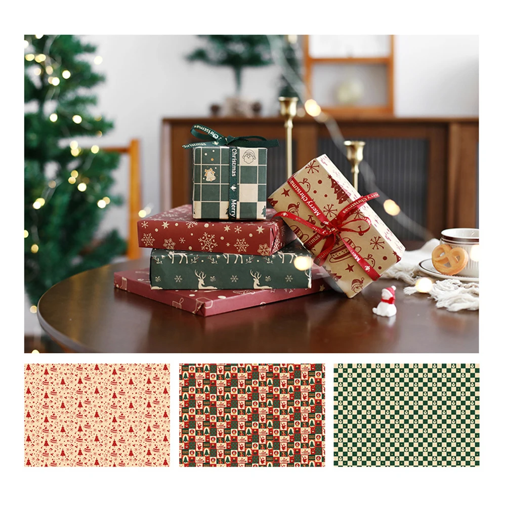 6 Sheets Christmas Gift Wrapping Paper Elk Santa Claus Snowman Pattern Paper Folded Flat 3 Designs DIY Craft Paper For Party