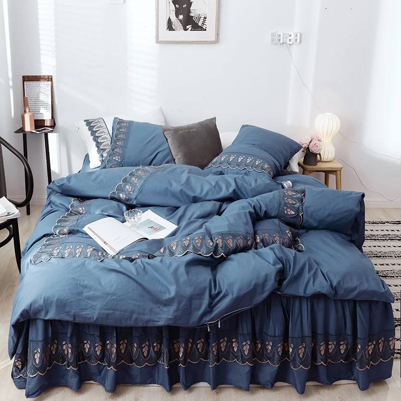 Pure Cotton Princess Style Bed Four-Piece Lace Edge Bed Skirt Girlish Heart Duvet Cover Solid Color Bare Sleeping Double Bedding