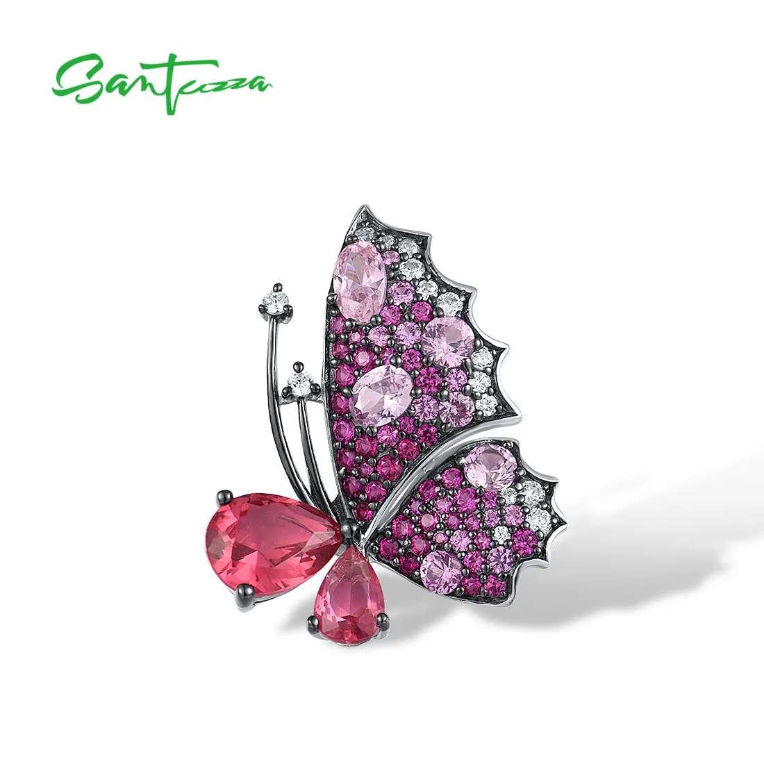 

SANTUZZA Silver Pendant For Women Pure 925 Sterling Silver Delicate Pink Butterfly Created Ruby Sapphire Trendy Fine Jewelry