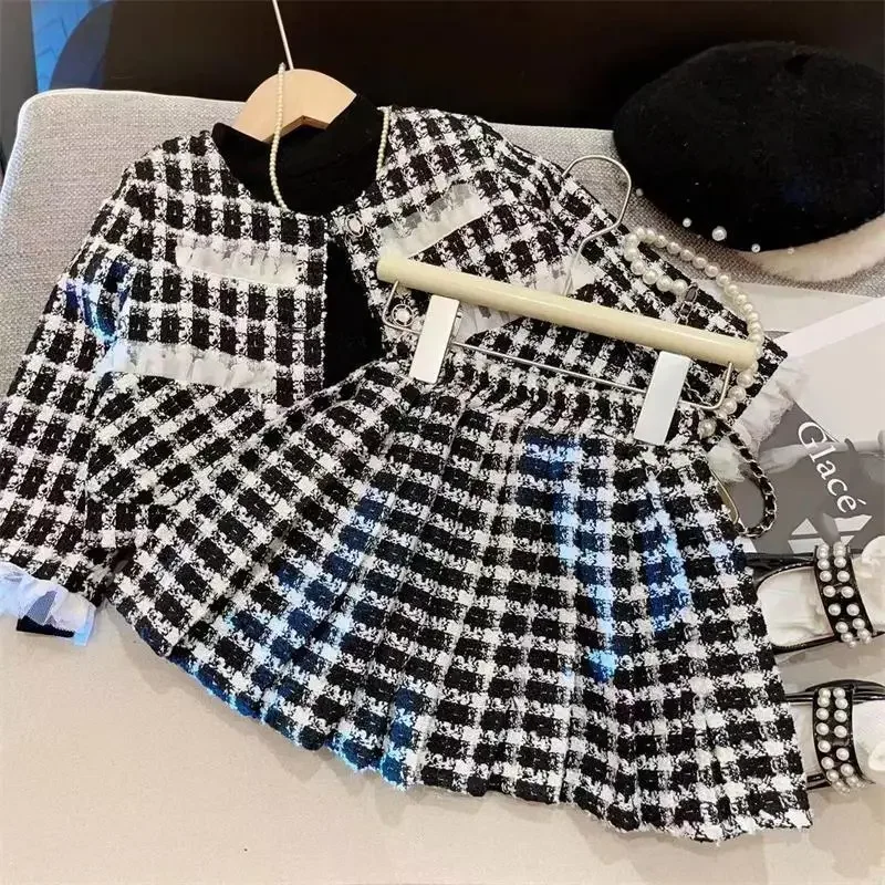 Spring and Autumn Girls Set Fashion Korean Style Children's Checkered Casual Coat Short Skirt Small Fragrant Style Two piece Set