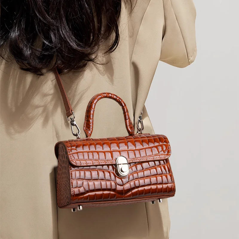 Aidrani Women Genuine Cowhide Handbag, Croc Pattern Lock Flap Bag, Convertible Top‑Handle Crossbody Purse for Dating Daily Party