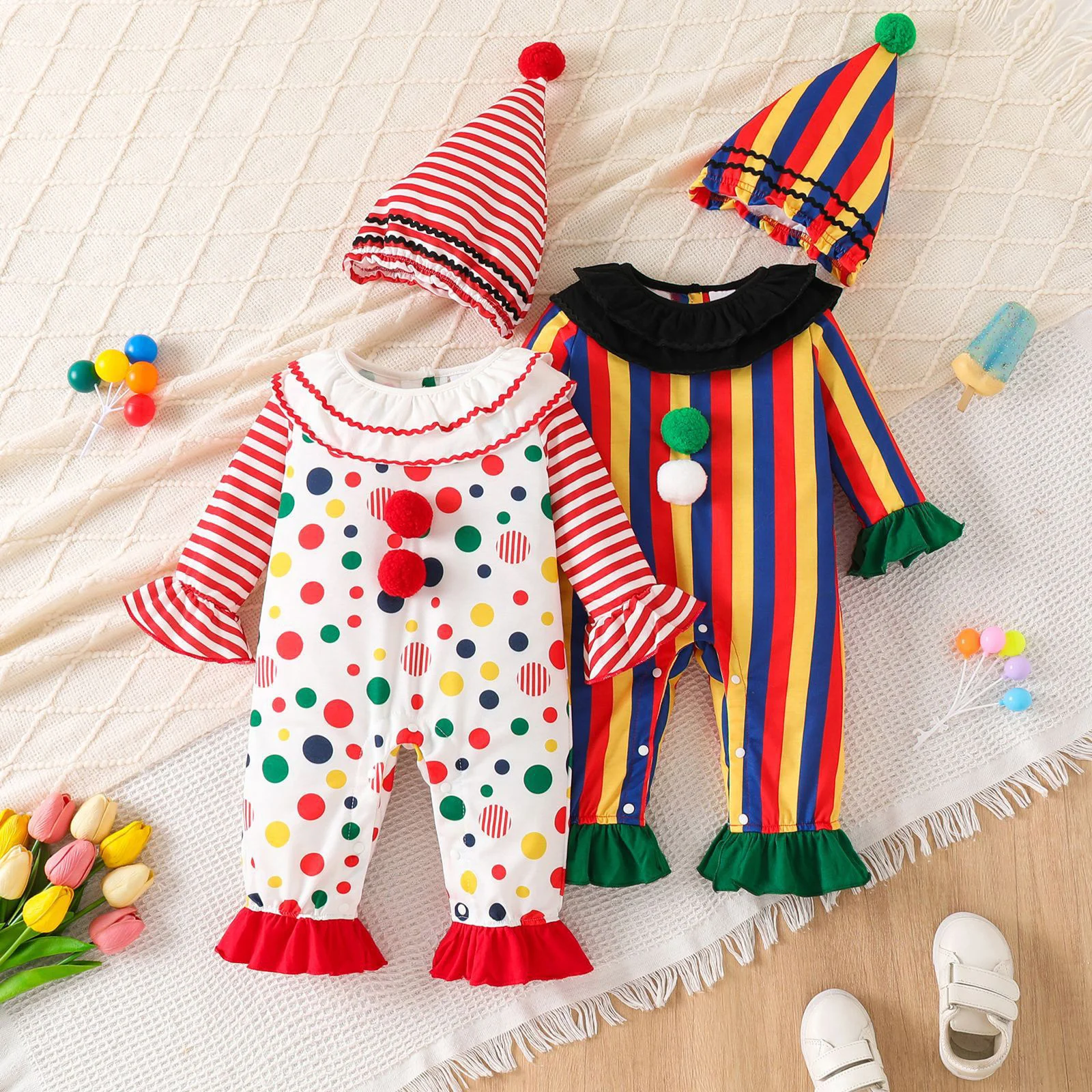 Baby Mädchen Halloween Gruseliger Clown Cosplay Kostüm Langarm Layered Rüschen Grau Joker Kleid Strampler Karneval Party Outfit – Detail 23