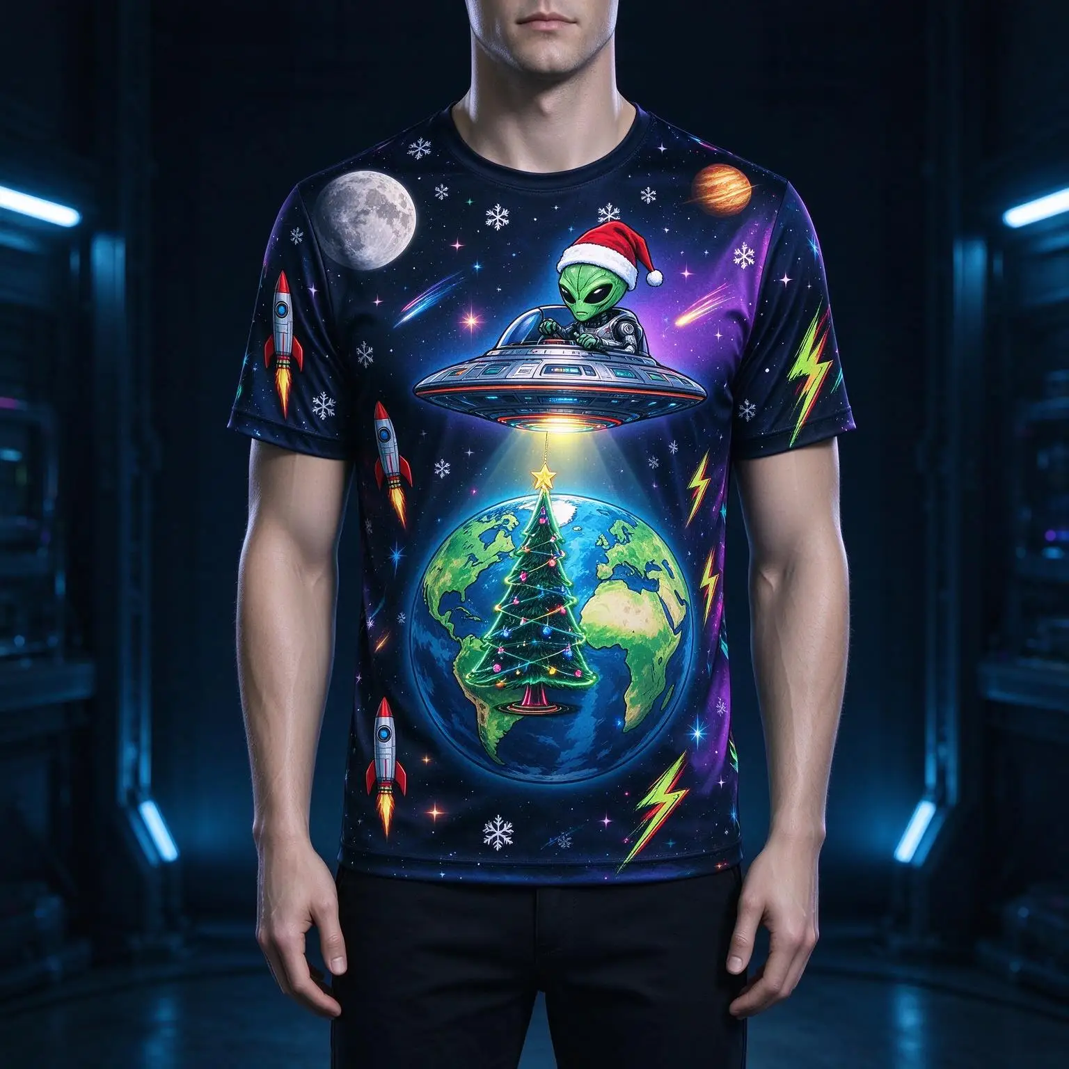 Men Christmas Space Alien T-shirt, Santa Hat UFO Earth Rocket Graphic Tee, Xmas Snowflake Casual Short Sleeve Tops