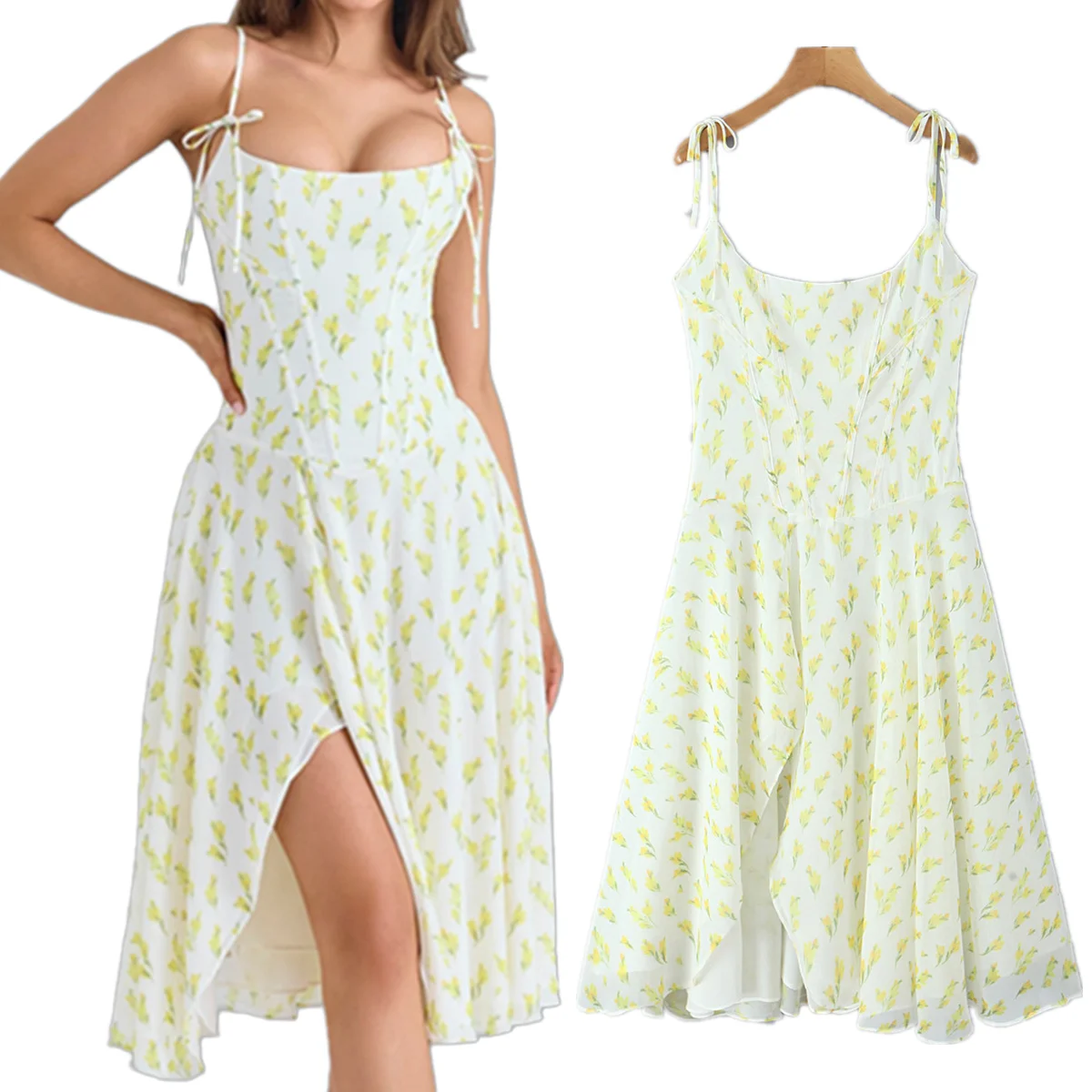 

Maxdutti Summer Dress Women French Country Style Yellow Floral Suspender Dress Holiday Casual Midi Dress For Women