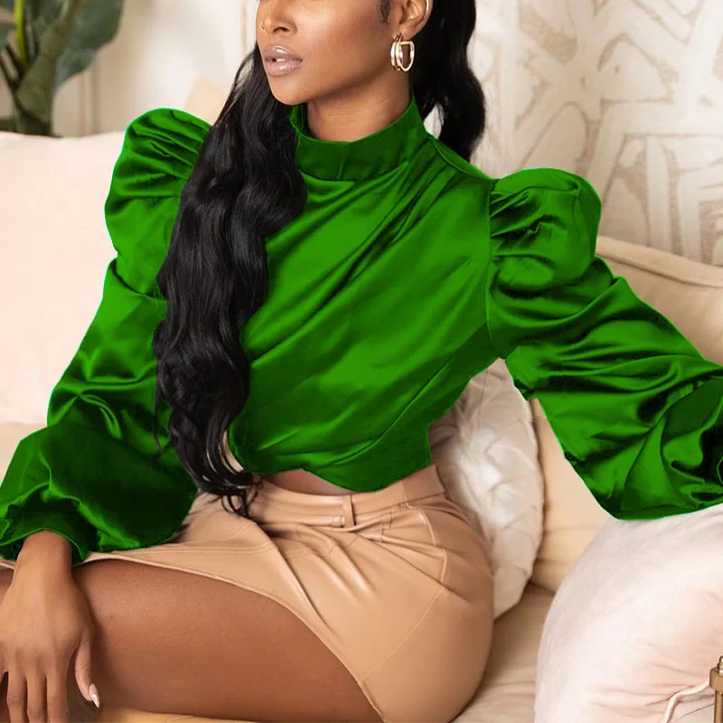 

Faionable Slimming ort Satin Bubble Sve Top Stand Collar Pullover irt Commute Sle Regular Fit Long Sve Pure Color