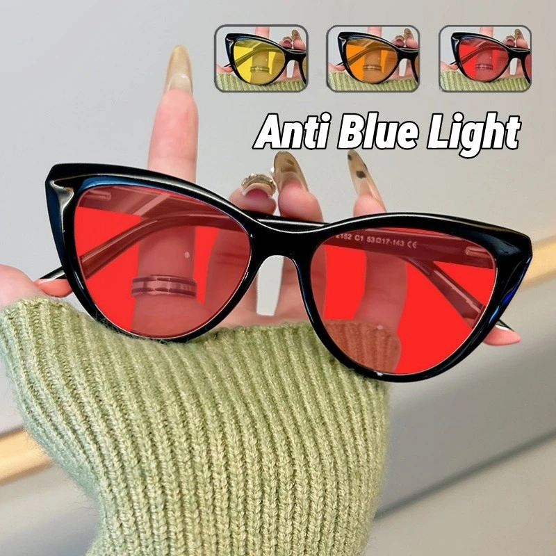 

Women's INS Style Red & Orange Lens Blue Light Blocking Glasses Retro Cat-Eye Anti-Glare Night Vision Glasses Gaming Goggles
