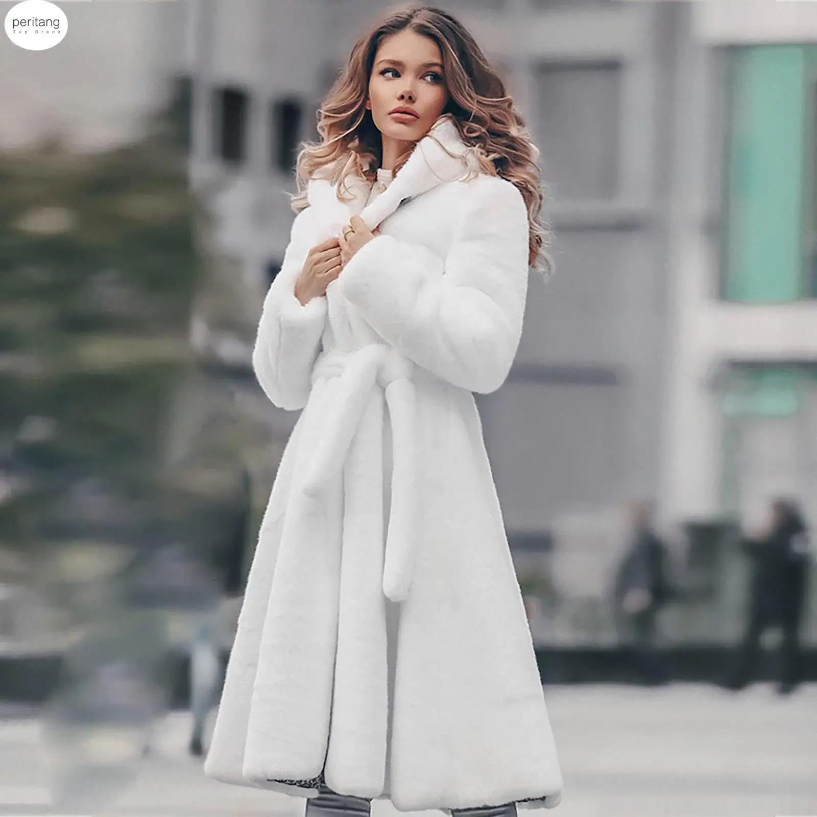 Abrigo largo de piel sintética con capucha, chaqueta cálida de felpa con cordones, Color sólido, Color blanco grueso, Invierno