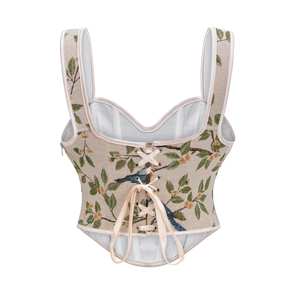 Beige Floral Pattern Spaghetti Straps Lace Up Sexy Espartilho Corset Overbust Sexy Gothic Corsets Top Vintage Corselet Feminino