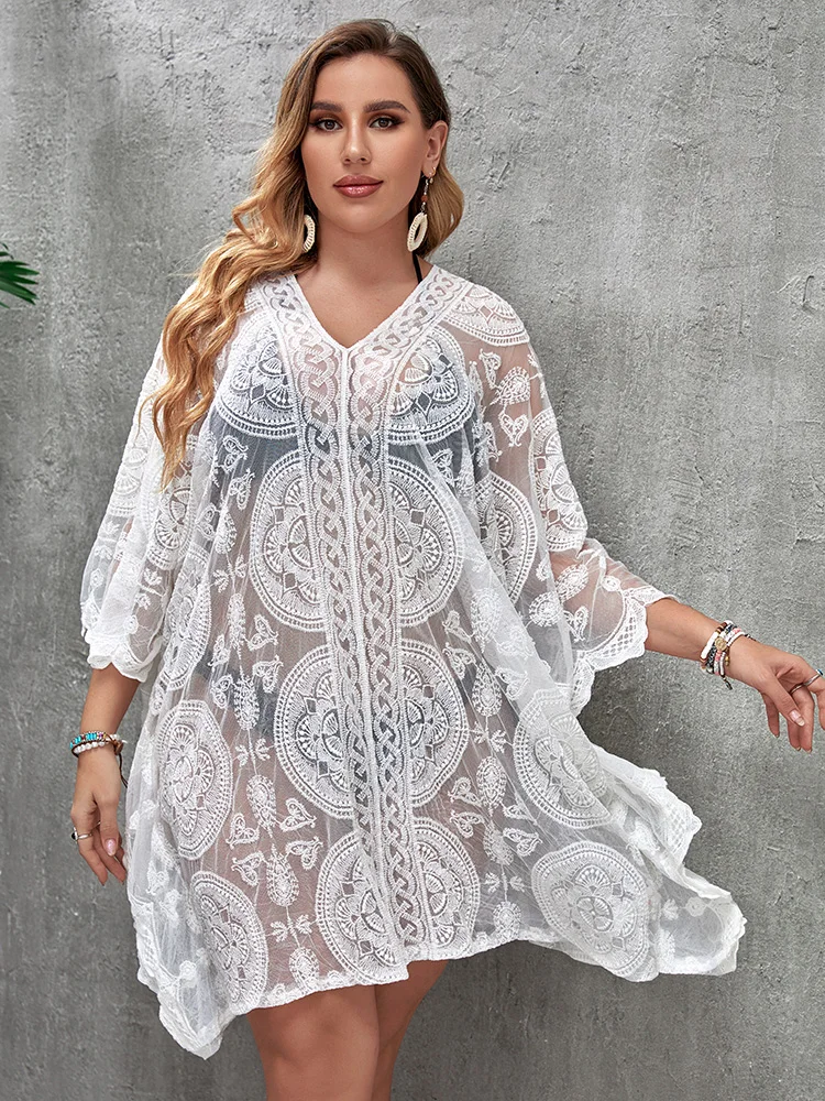 Plus Size Cover Up Tunic Beach Dress Summer Women Beach Wear Boho Swimsuit Ups White Robe Dresses Long Pareo Beachwear