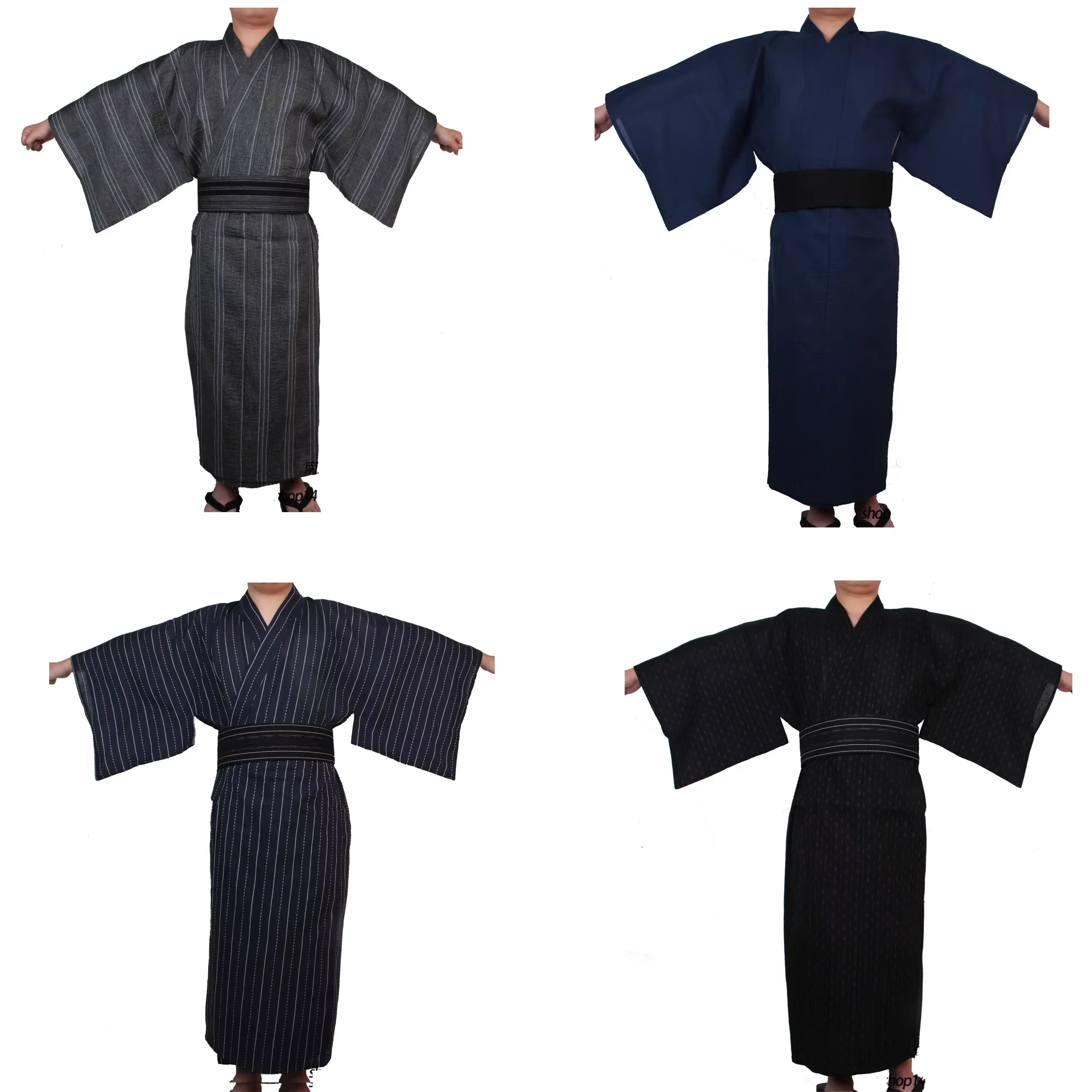Summer Navy Japanese Traditional Samurai Kimono For Men Yukata Bathing Robe Hekoobi Loose Style Homewear Belt Long Gown Cotton