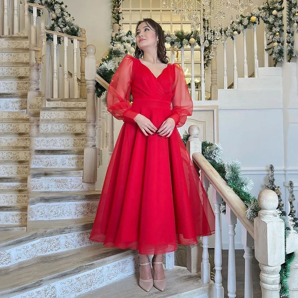 

Msikoods Red Prom DressesBrithday Dress For Women Puff Sleeves V Neck Special Occasion Dress 2024 Arabic Wedding Party Gown