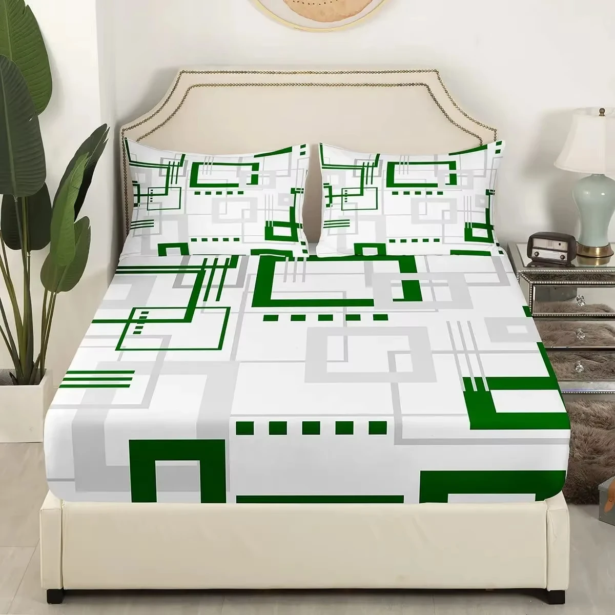 Modern Abstract Geometric Fitted Sheet Full Twin Size, Geometry Grid Checkered Lines Sheet Set for Girls Teens Bedroom Decor
