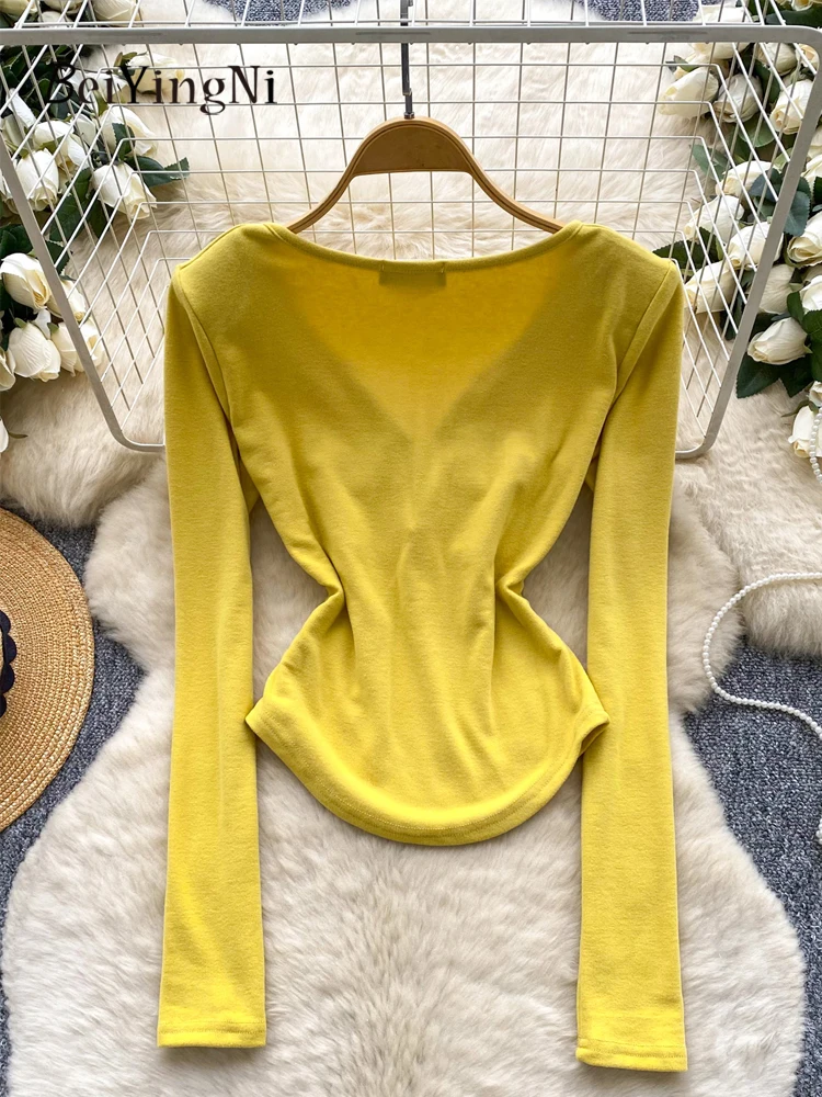 Beiyingni Sexy O-Collo Manica Lunga T-Shirt Donna Tinta Unita Bottoni Sottili Casual Stile Coreano T-Shirt Femminili Y2K Caffè Magliette e camicette