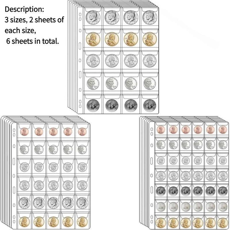 Clear PVC Loose-Leaf 9-Hole Coin Pocket Pages, 6 Sheets(2×20/30/42 Pockets), Sleeves for Coins, Banknotes & Stamps Collecting