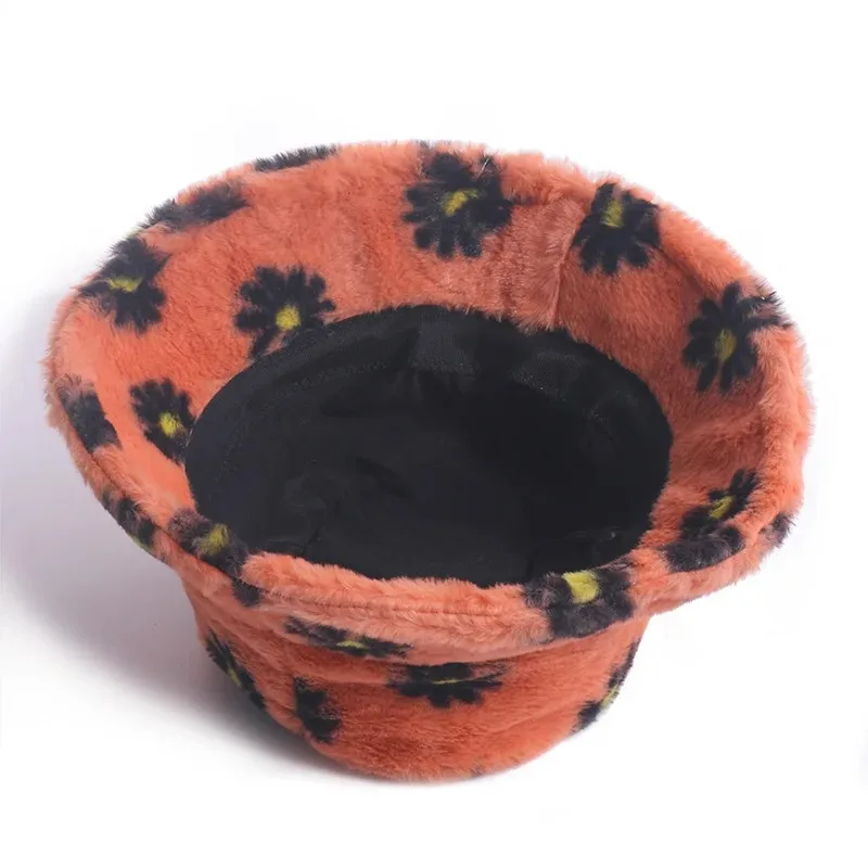 Faux Fur Winter Bucket Hat For Women Fashion Daisy Flowers Panama Soft Warm Fishing Cap Outdoor Foldable Bob Fisherman Hat