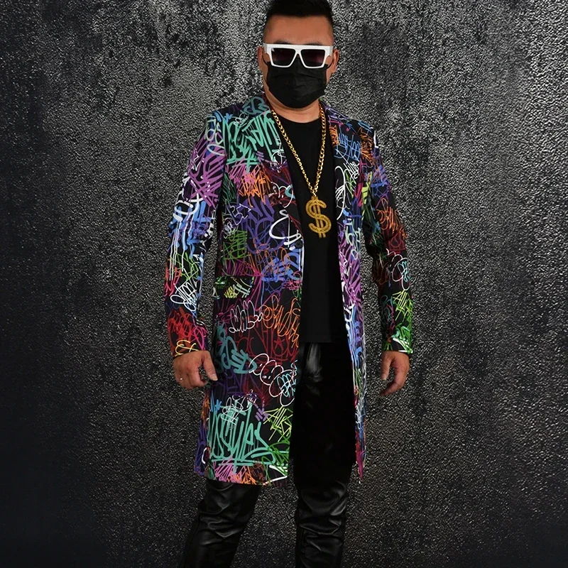 

Men's New Fashion Graffiti Print Suit Jacket Men Long Casual Suits Nightclub Tide Male Hair Stylist Coat DJ Stage Costume Dress