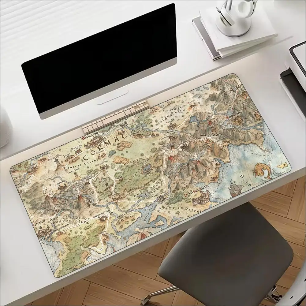 Vintage Fantasy World Map Mountain River Large Gaming Mouse Pad XXL Desk Mat Non-Slip Stitched Edge for Adventure Desk Pad