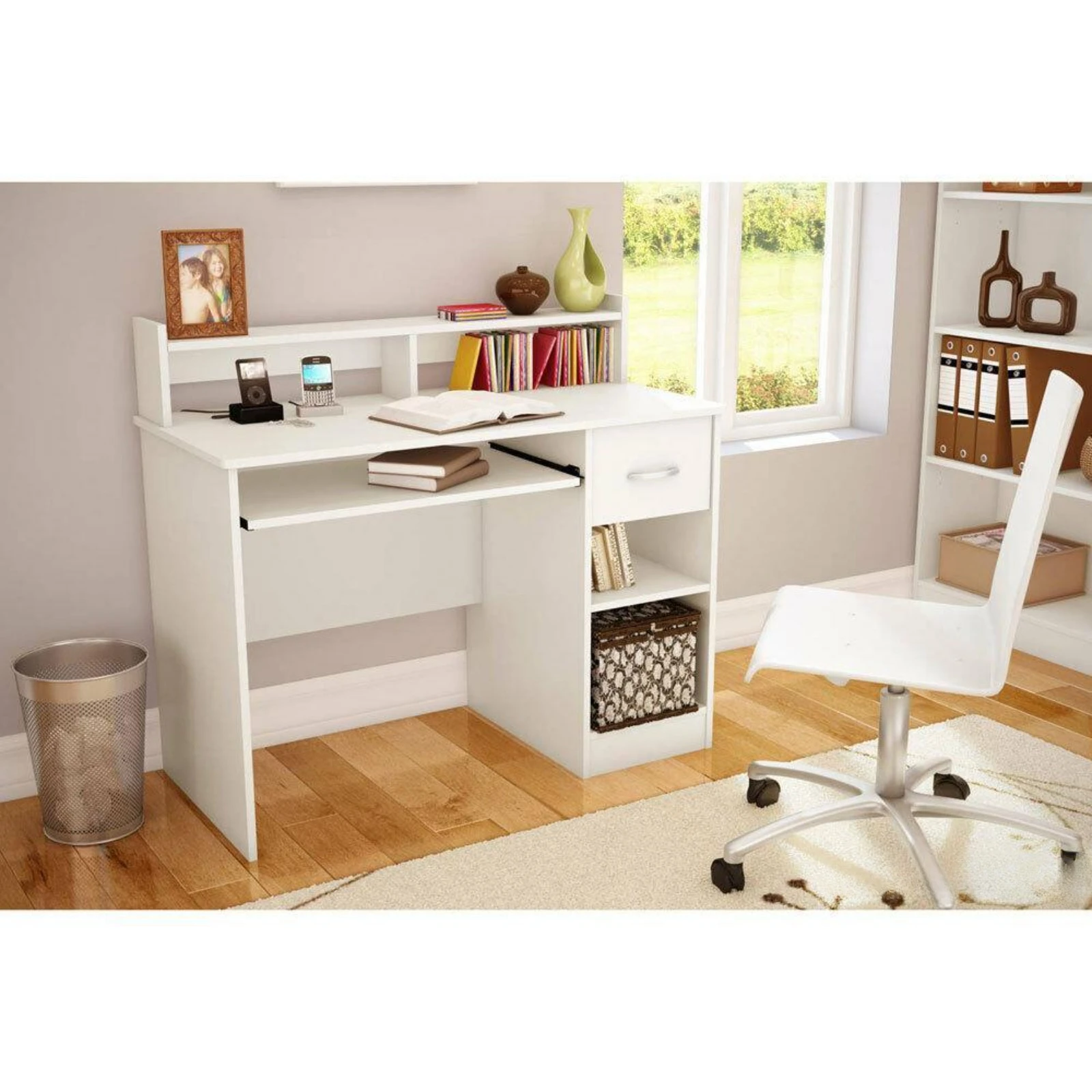 

US Computer Desk Student Desk Home Office Writing Table with Drawer Shelves White