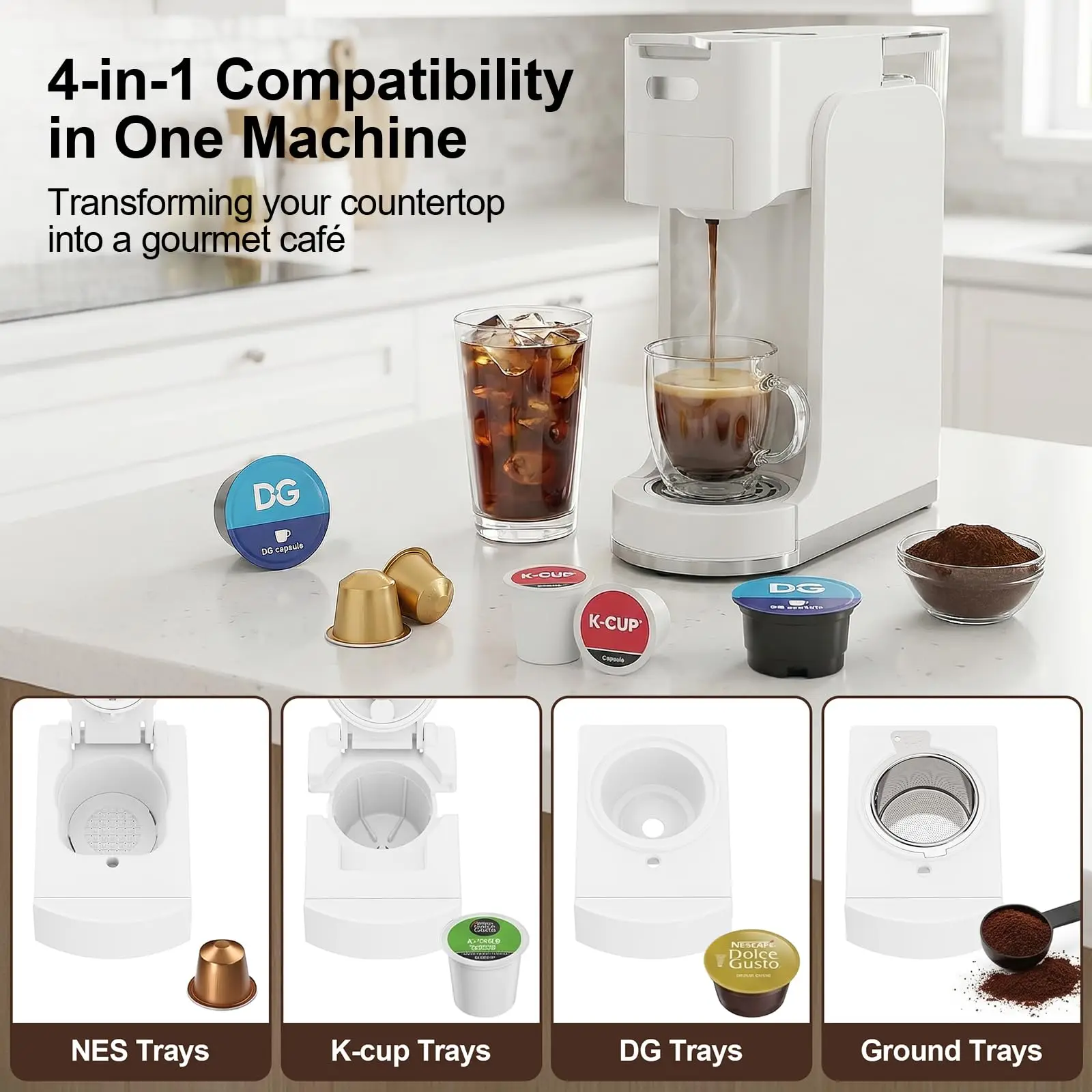 Single-Serve Coffee Maker, 4 in 1 Hot and Iced Coffee Machine, 20-Bar Espresso Coffee Maker for Ground Coffee, K-Cup Pod, NES Original and DG Pod, Customizable Brew Volume, Heats up in 3 Seconds