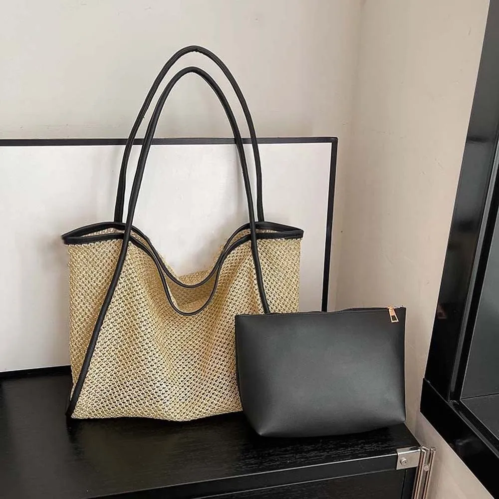 

Большая вместительная пляжная сумка-тоут из композитного материала, однотонная, легкая, соломенная, плетеная, на плечо, с кожаным маленьким кошельком 2 в 1