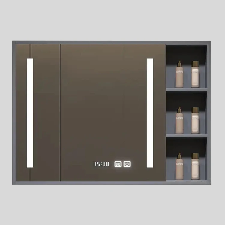 LED Bathroom Mirror Cabinet Smart Touch Digital Display Side Storage Shelves Anti Fog Wall Mounted, Ideal for Modern Bathrooms