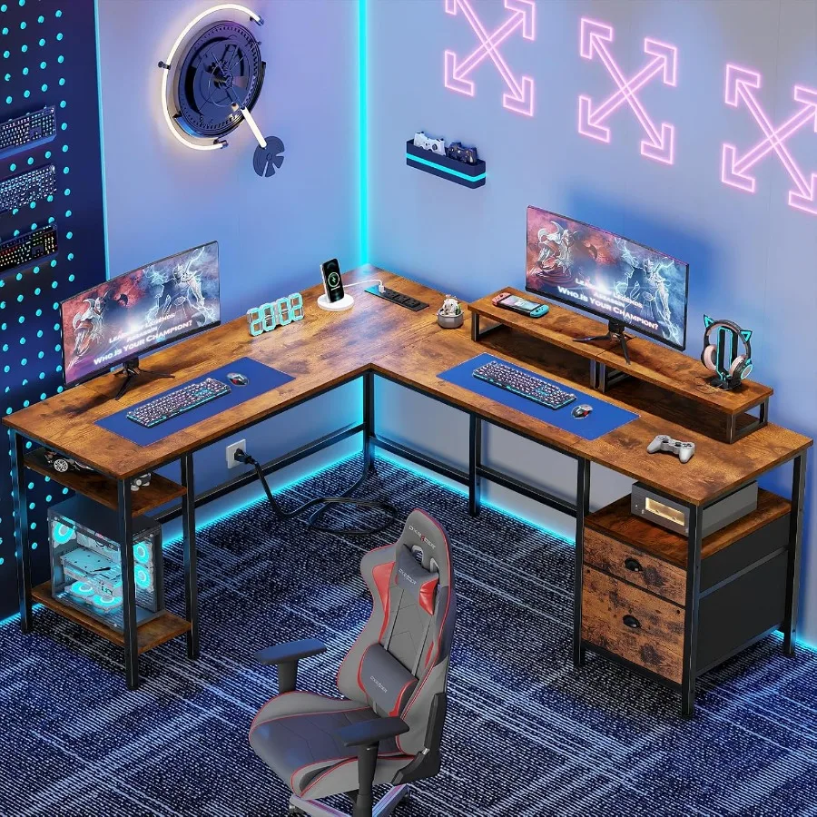 مكتب على شكل 59 لتر مع مخرج طاقة مكتب كمبيوتر قابل للعكس مع درج ملف 2 شاشة تقف ركن طاولة مكتب منزلية مع Sto #2