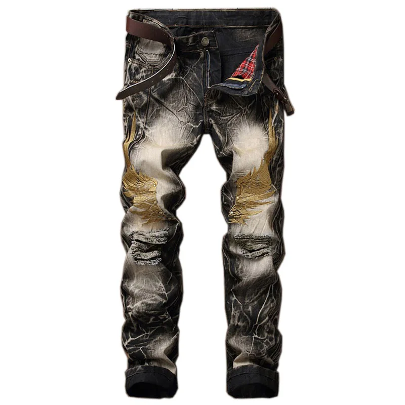 Men's Street Style Embroidered Wing Hole Denim Jeans Cross-Border Cotton 100% Casual Comfortable Non-Stretch Mid-Waist
