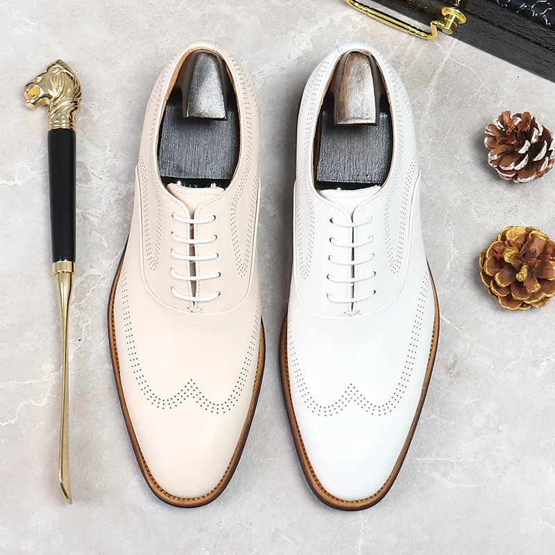 Sapatos de brogue resistentes ao desgaste masculinos, branco, couro legítimo, com renda, casual, raso, Oxfords, na moda, casamento