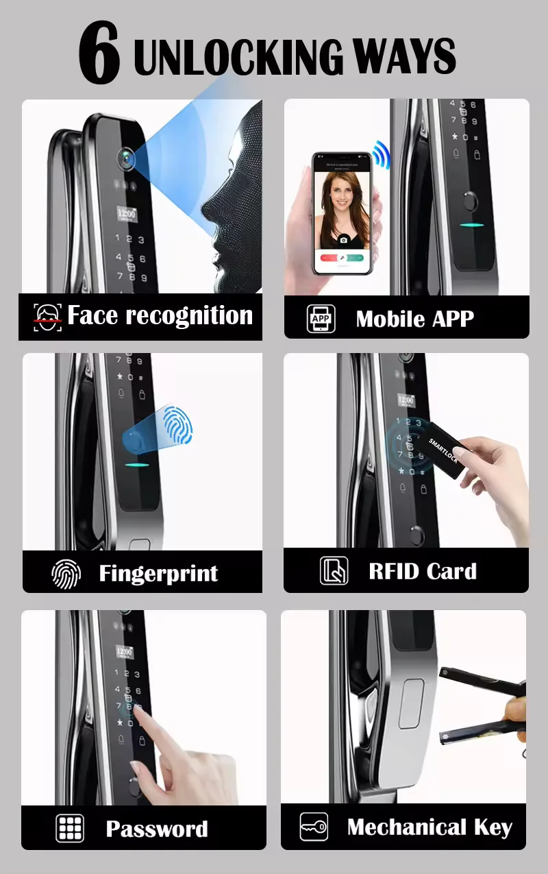 Waterproof Fir-proof 3D Face Recognition smartphone remote control Smart door Lock with camera doorbell