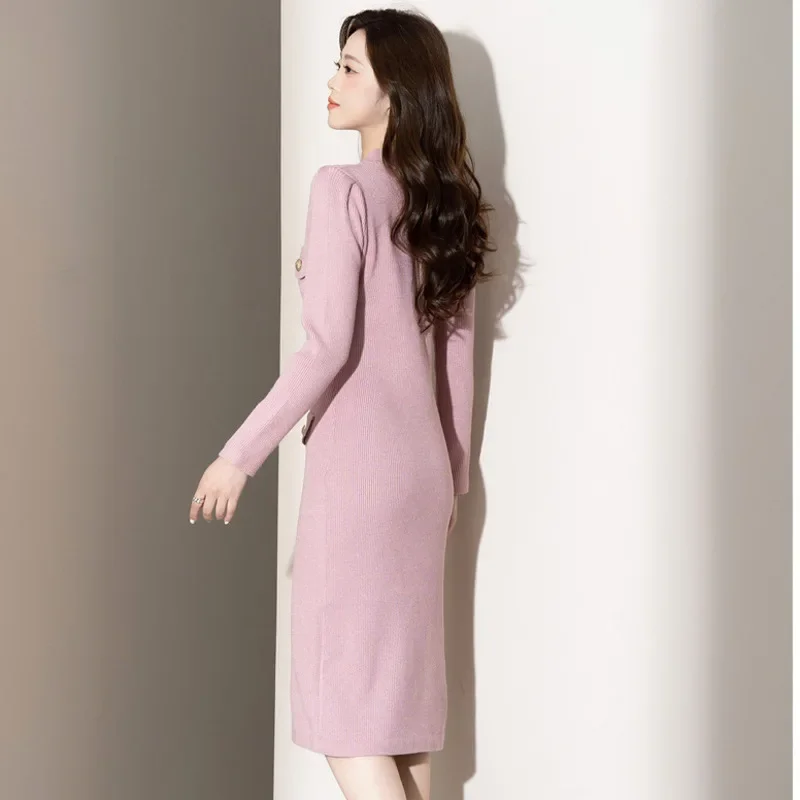 Pink Stretch Knitted Midi Dress Single Breasted Cardigan Sweater Dress Women Round Neck Pencil Dress Female Autumn Winter