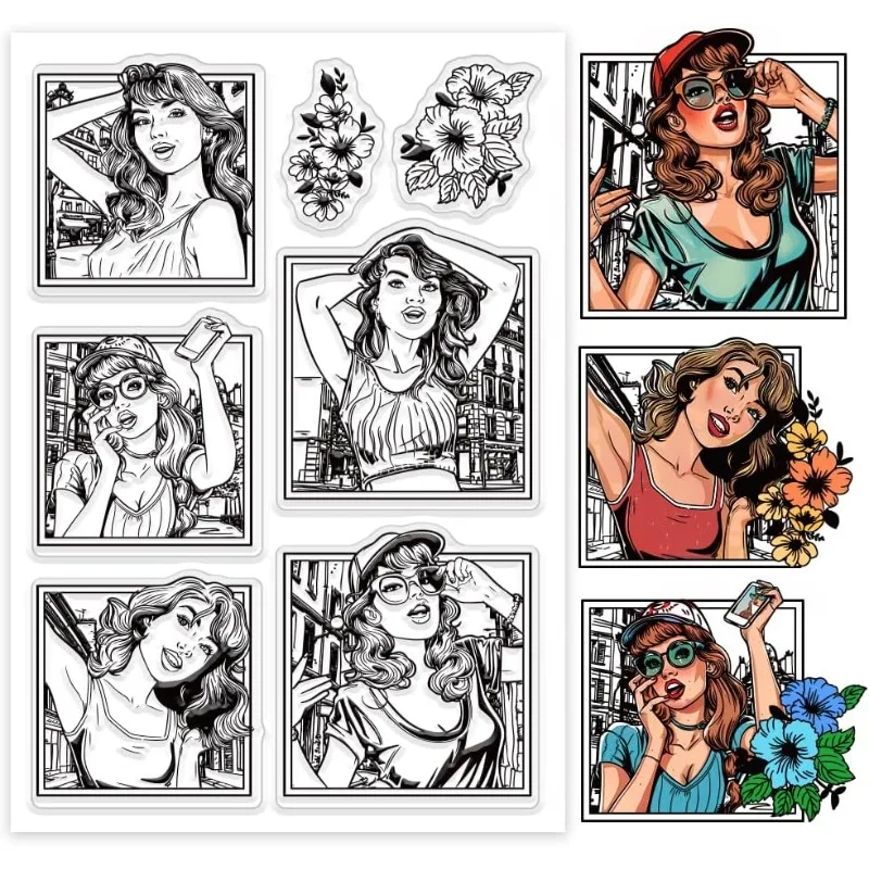 1Sheet Lady Clear Stamps Avatar Frame Silicone Clear Stamp Seals Flowers Transparent Stamps for DIY Scrapbooking Cards Making