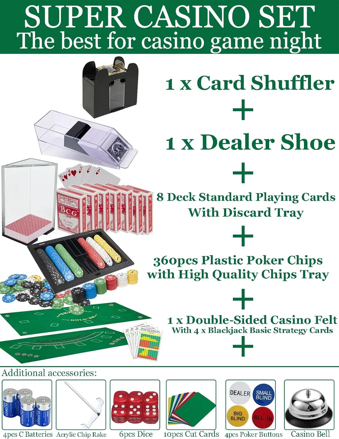 Casino Game Set: 6 Deck Shuffler+360pcs Chips+8 Poker Cards+Card Shoe+Chip Rake+Felt+Accessories, Blackjack Set & Texas Holdem C