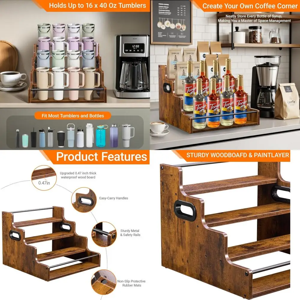 

16-Inch 4-Tier Wooden Liquor Bottle Display Shelf - Rustic Brown for Home Bar and Kitchen