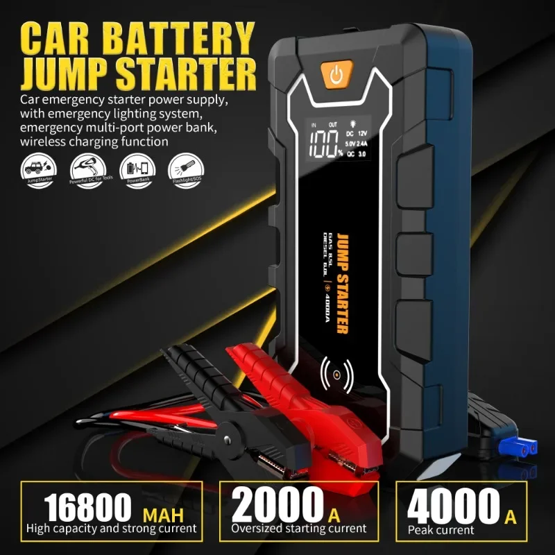 Portable Car Jump Starter 4000A Battery Charger 16800mAh Emergency Power Bank Wireless Charger LED Lighting Car Battery Starter