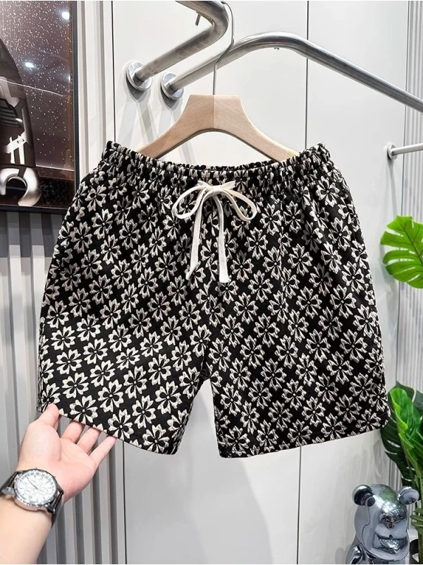 

plus Size Men's Short Pants Summer Sports Five-Point Geometric Small Flower Embroidery Elastic Waist Drawstring Casual Shorts