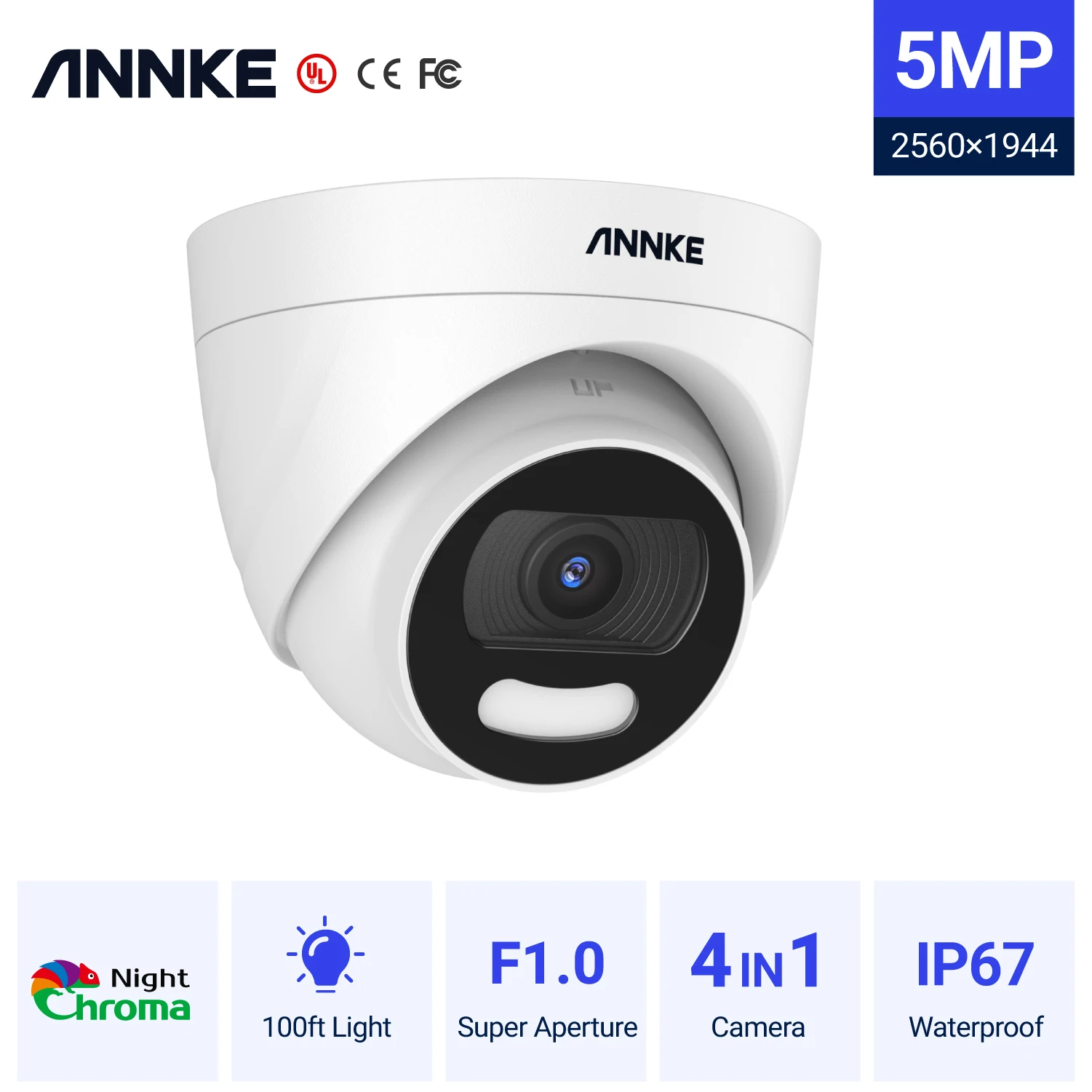 

ANNKE 5MP Super HD Color Night Vision Turret Security Camera IP67 Weatherproof Wired Indoor/Outdoor CCTV Surveillance Camera