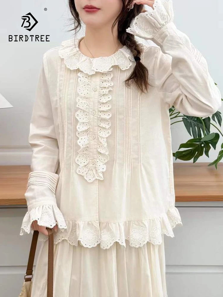 

New 2026 Spring Women Cotton Long Sleeve Shirt, O Neck Ruffles Embroidery, Mori Girl Japan Preppy Style Loose Blouse T63418CC