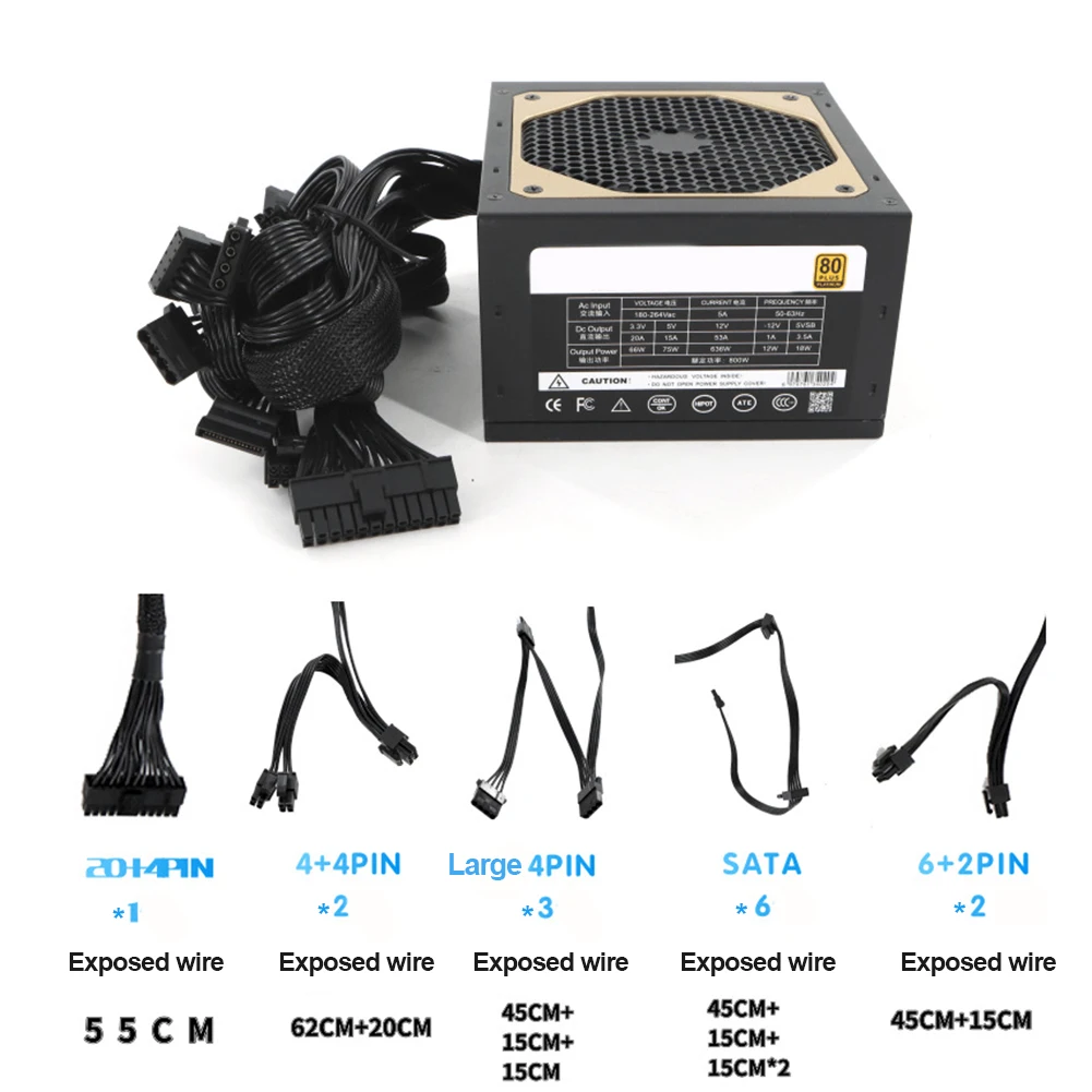 800W ATX Power Supply 110-264V PC Power Supply Module PSU CPU Port 2 4+4Pin 6SATA Graphics Card 6+2Pin To 6+2Pin For Desktop PC