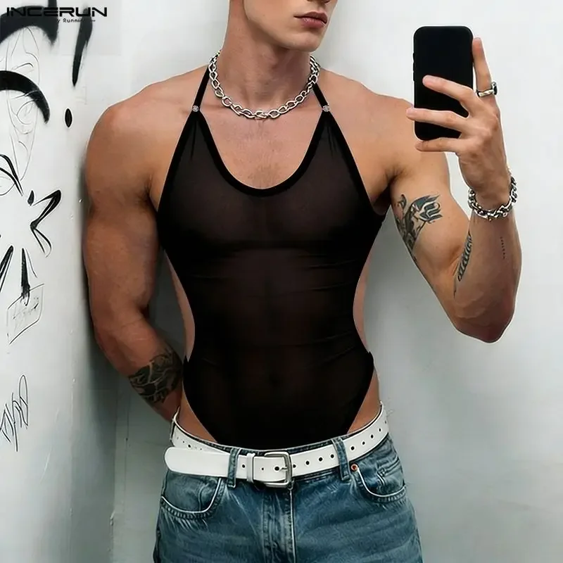 INCERUN Men's Bodysuits Solid Mesh See Through O-neck Sleeveless Bodysuit For Man Sexy 2026 Hollow Out Male Rompers Playsuits image 3