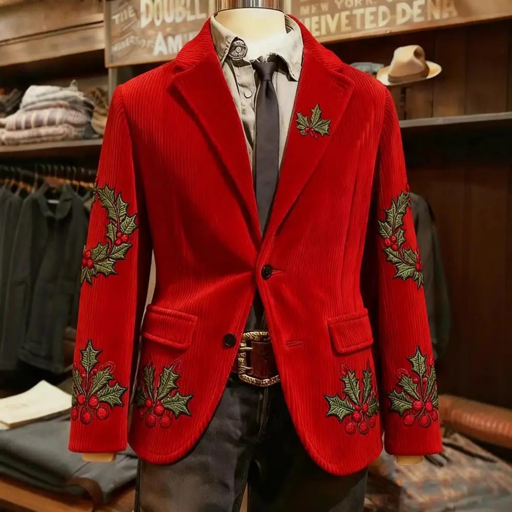 Men Corduroy Suit Coat Christmas And New Year Series Corduroy Digital Printing Festive Suit Jacket Warm Luster Corduroy Jacket